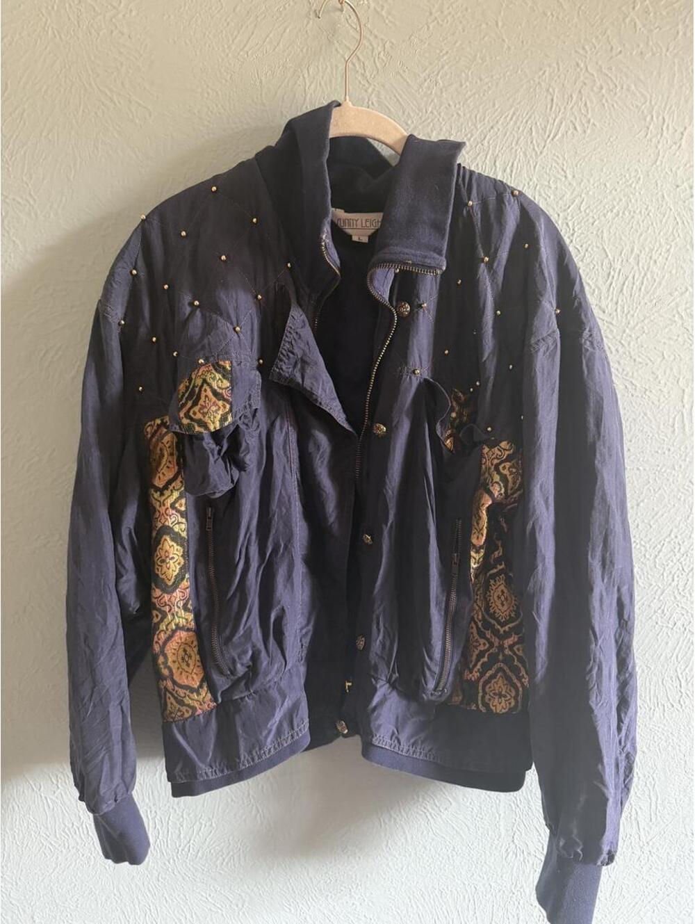 Vintage navy blue silk jacket with gold studs and paisley print on sleeves, L